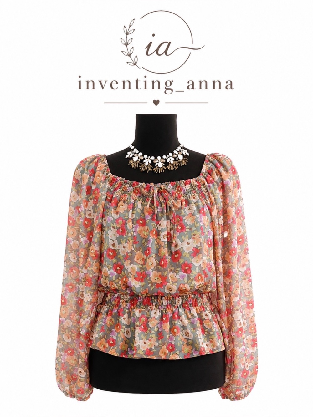 LC LAUREN CONRAD Floral Sheer Long Sleeve Blouse Pink and Orange Drop Waist